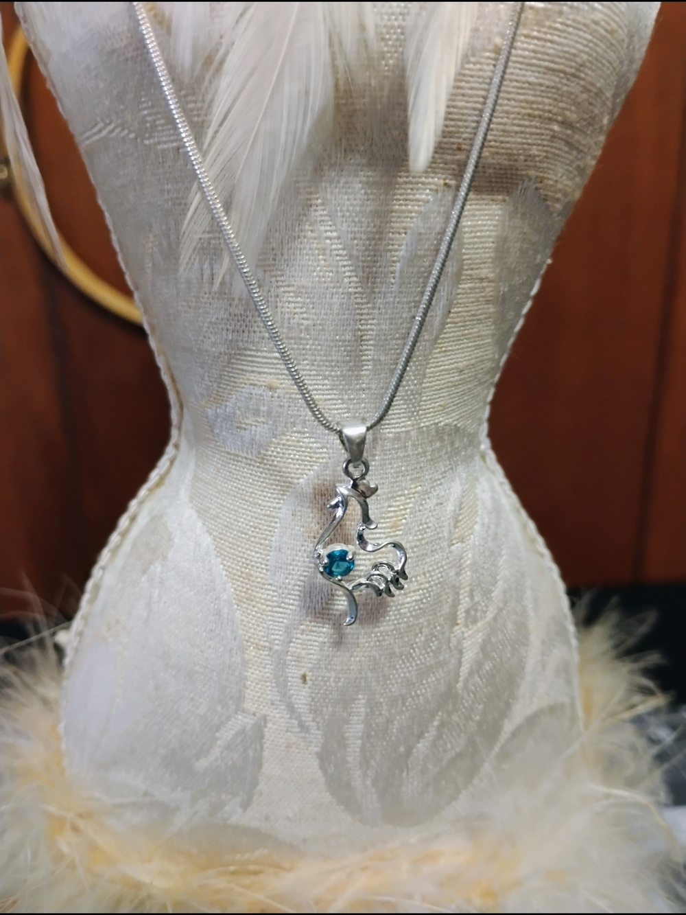 Silver Rooster Pendant Necklace with Teal Gemstone Pendant - Women Jewelry